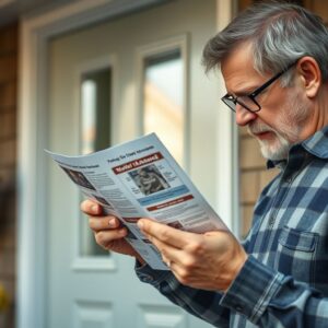 Homeowner reading a cheap duct cleaning flyer at the front door