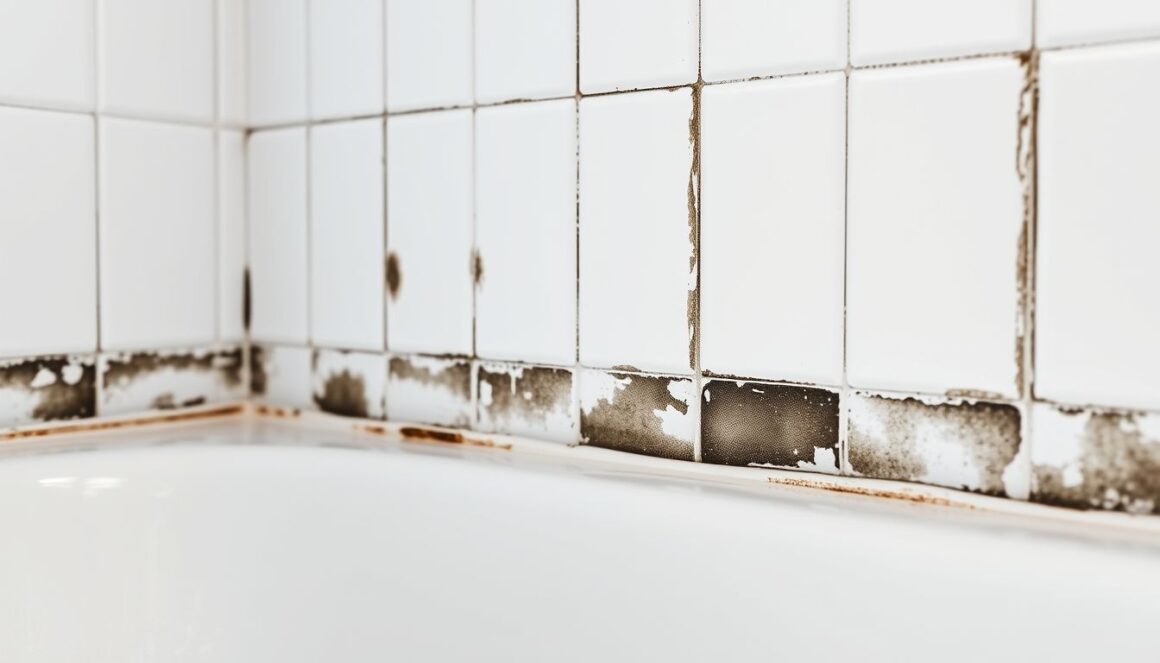Black mould in shower caulking along a bathtub