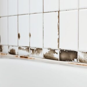Black mould in shower caulking Black mould in shower caulking along a bathtub