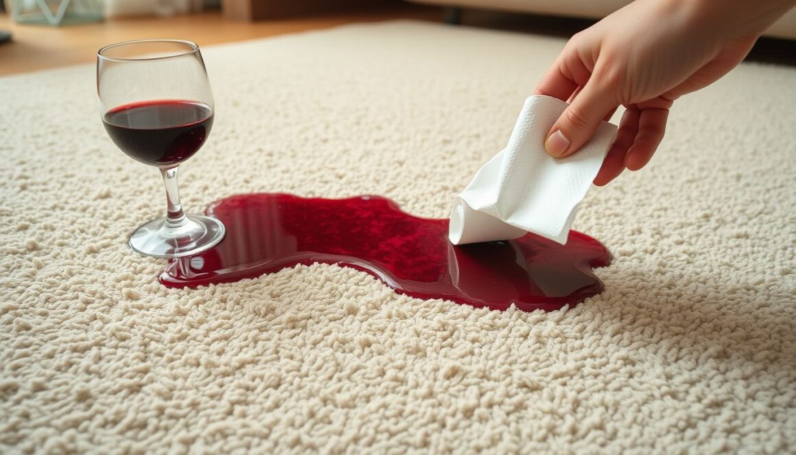 Red wine out of carpet Blotting a red wine spill on cream carpet with white paper towels