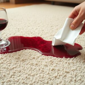 Red wine out of carpet Blotting a red wine spill on cream carpet with white paper towels