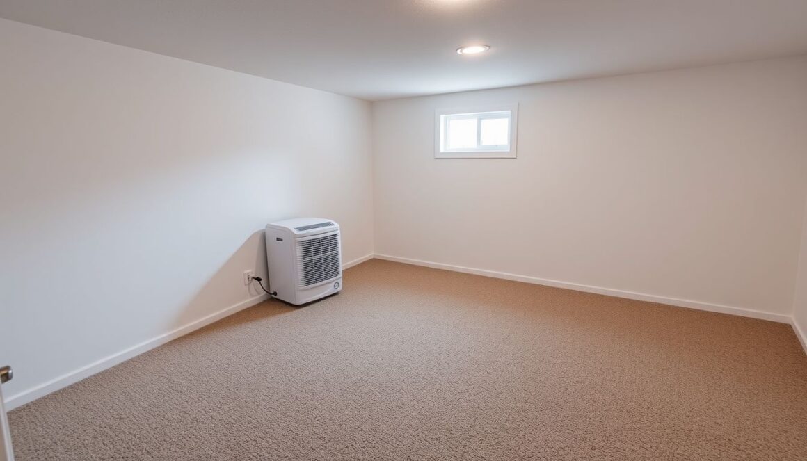 Dehumidifier running in a carpeted basement to remove a musty smell