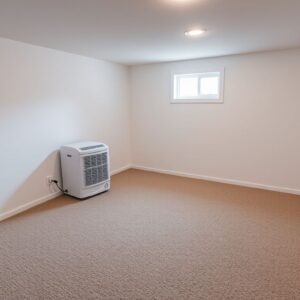 Dehumidifier running in a carpeted basement to remove a musty smell