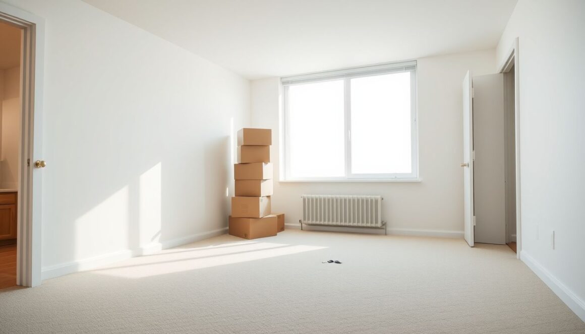 Move-out carpet cleaning Empty bedroom with clean carpet and moving boxes on move-out day