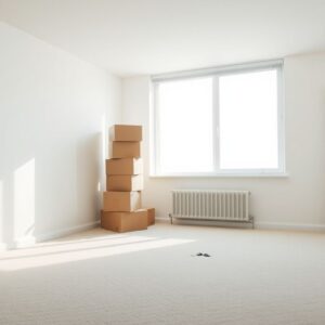 Move-out carpet cleaning Empty bedroom with clean carpet and moving boxes on move-out day