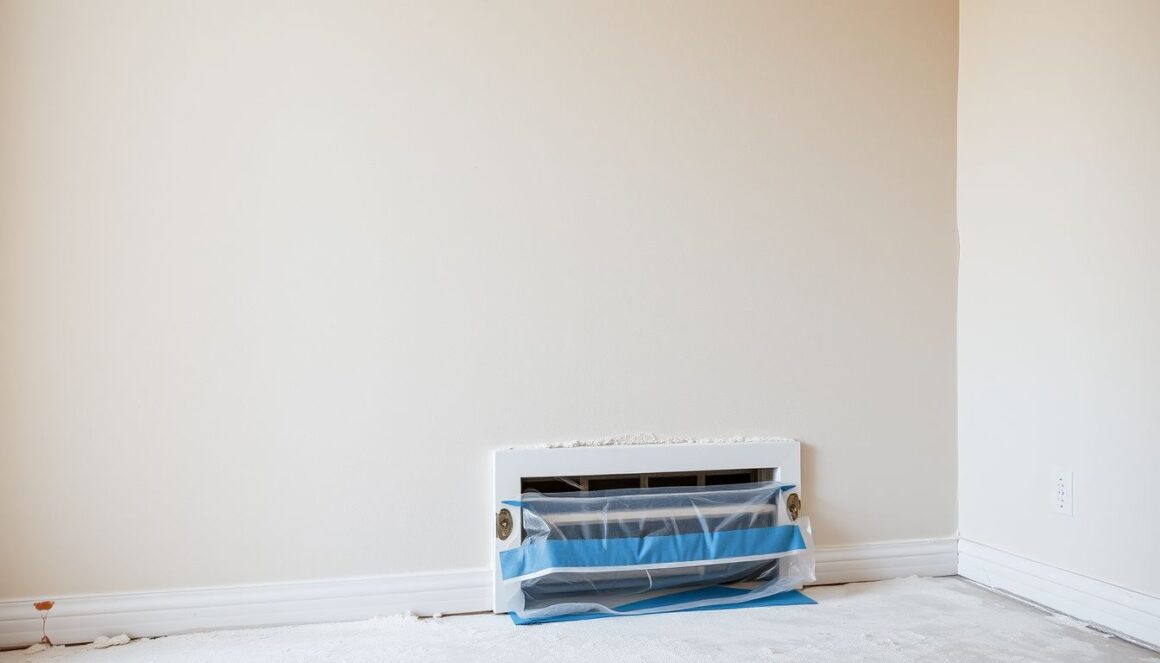 Renovation drywall dust with a floor vent covered in plastic