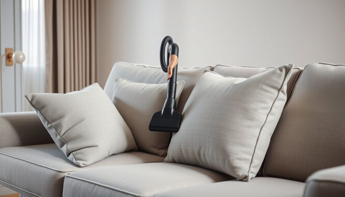 Vacuuming a grey fabric sofa with an upholstery attachment