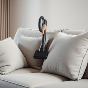 How to clean a fabric sofa Vacuuming a grey fabric sofa with an upholstery attachment
