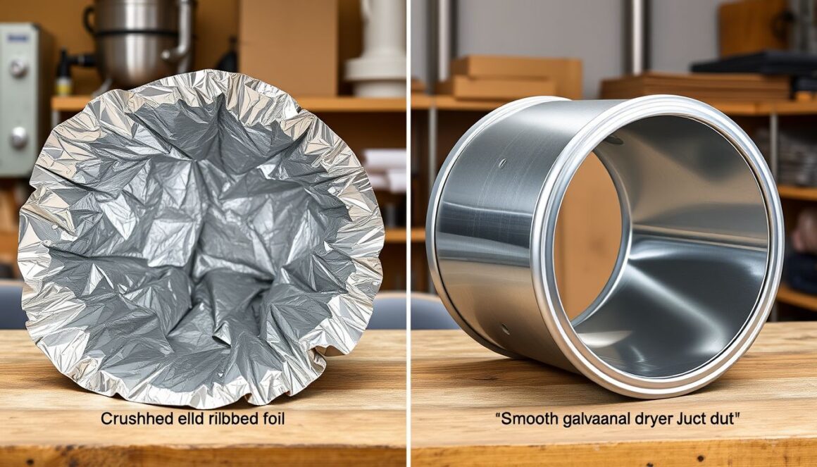 Foil vs metal dryer vent duct Crushed foil dryer duct next to a rigid metal dryer duct