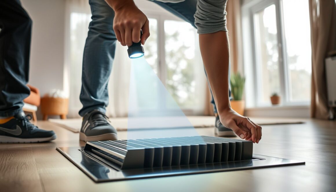 Is duct cleaning worth it Homeowner checking inside a floor air vent with a flashlight