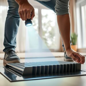Is duct cleaning worth it Homeowner checking inside a floor air vent with a flashlight