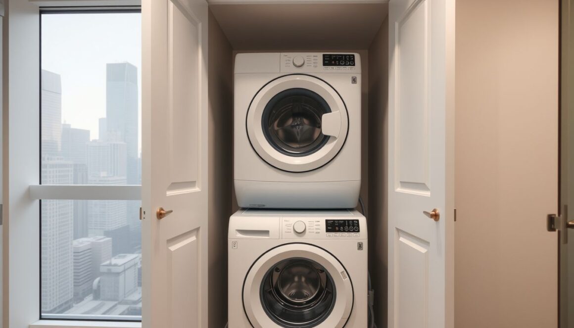 Condo dryer vent cleaning Stacked washer and dryer in a condo laundry closet