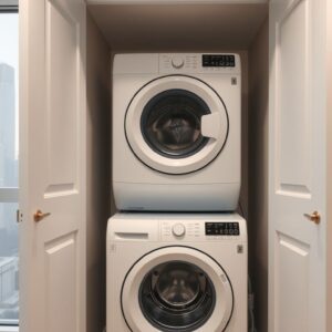 Stacked washer and dryer in a condo laundry closet