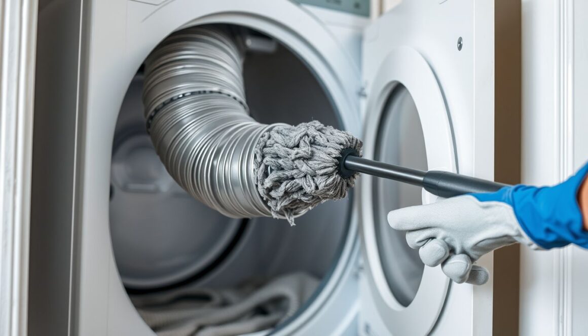 Clogged dryer vent with lint behind a clothes dryer
