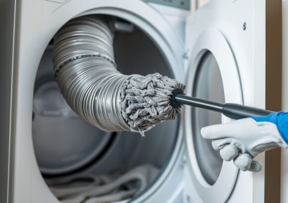 Clogged dryer vent with lint behind a clothes dryer