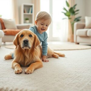 Carpet cleaning safe for pets and kids Toddler and dog playing on a clean carpet