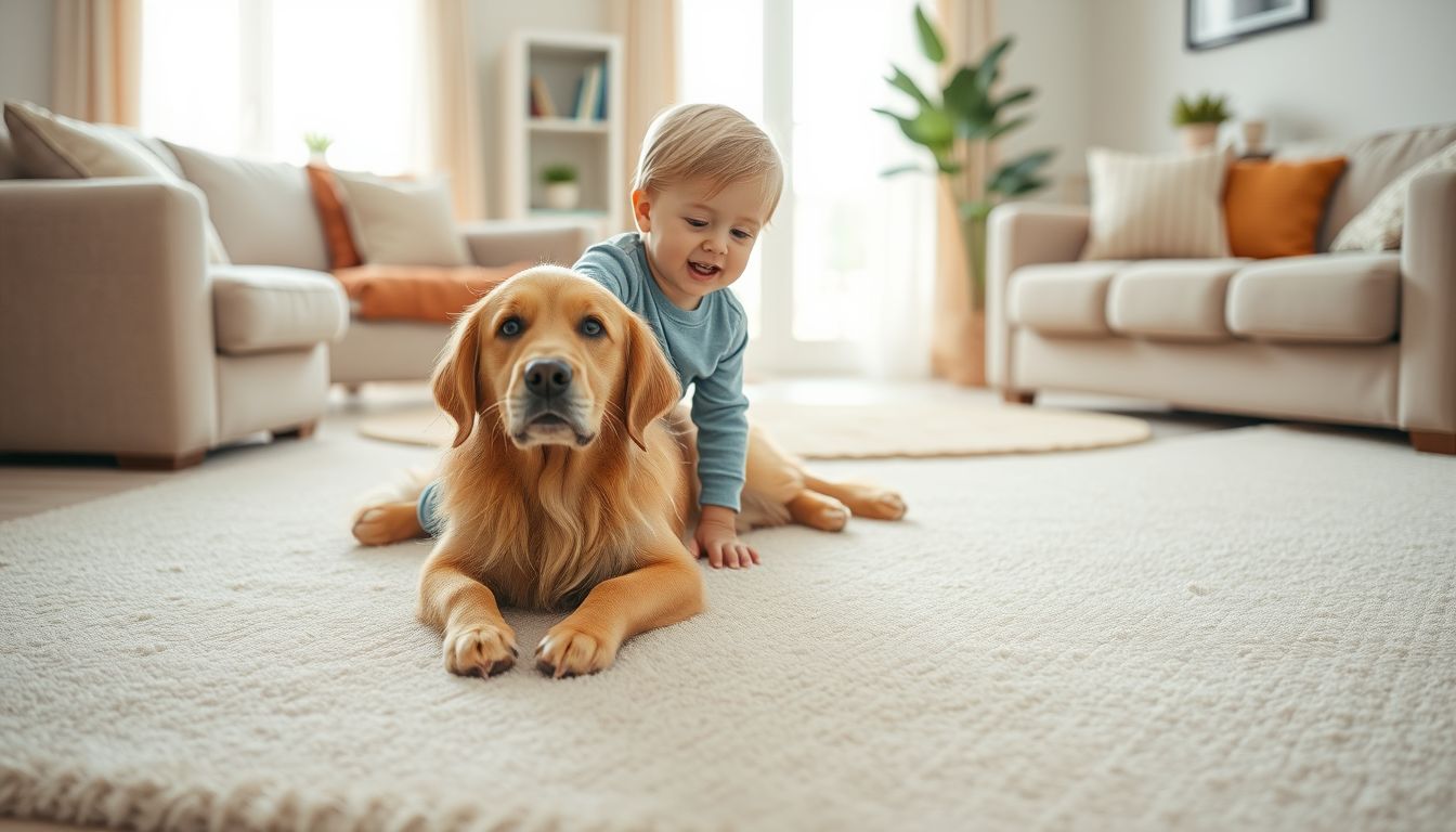 Toddler and dog playing on a clean, protected carpet