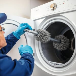 Technician cleaning a dryer vent with a rotary brush behind a clothes dryer