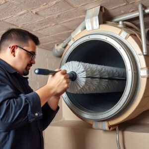 Dry mechanical duct cleaning Technician cleaning a basement air duct with a rotating brush