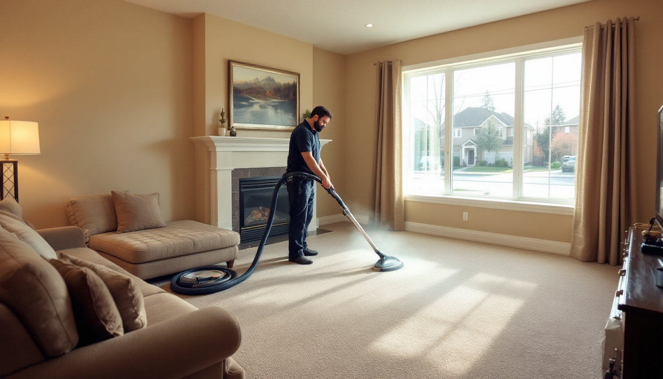 Technician steam cleaning living room carpet in a Vaughan family home