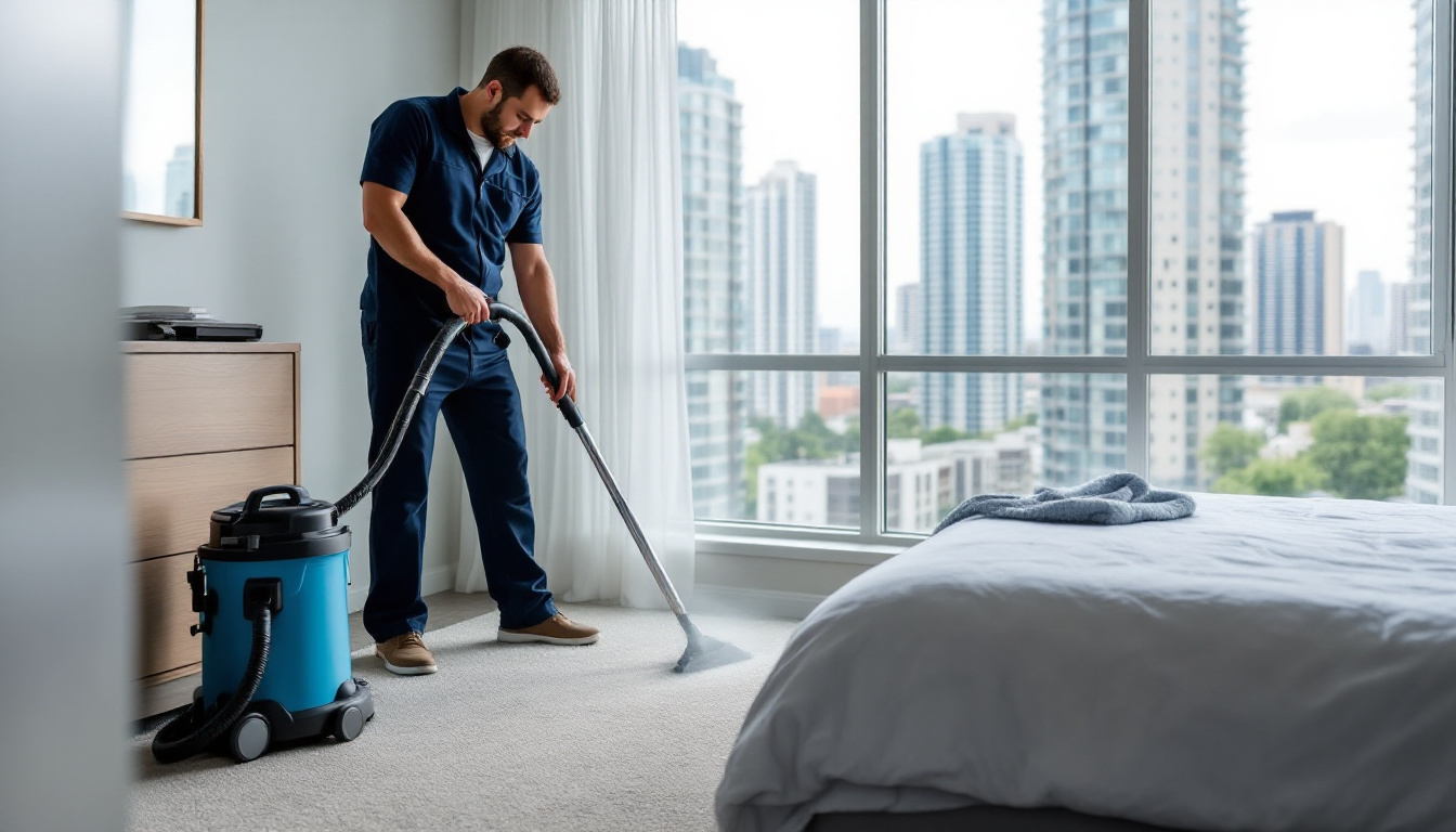 Technician steam cleaning bedroom carpet in a North York condo