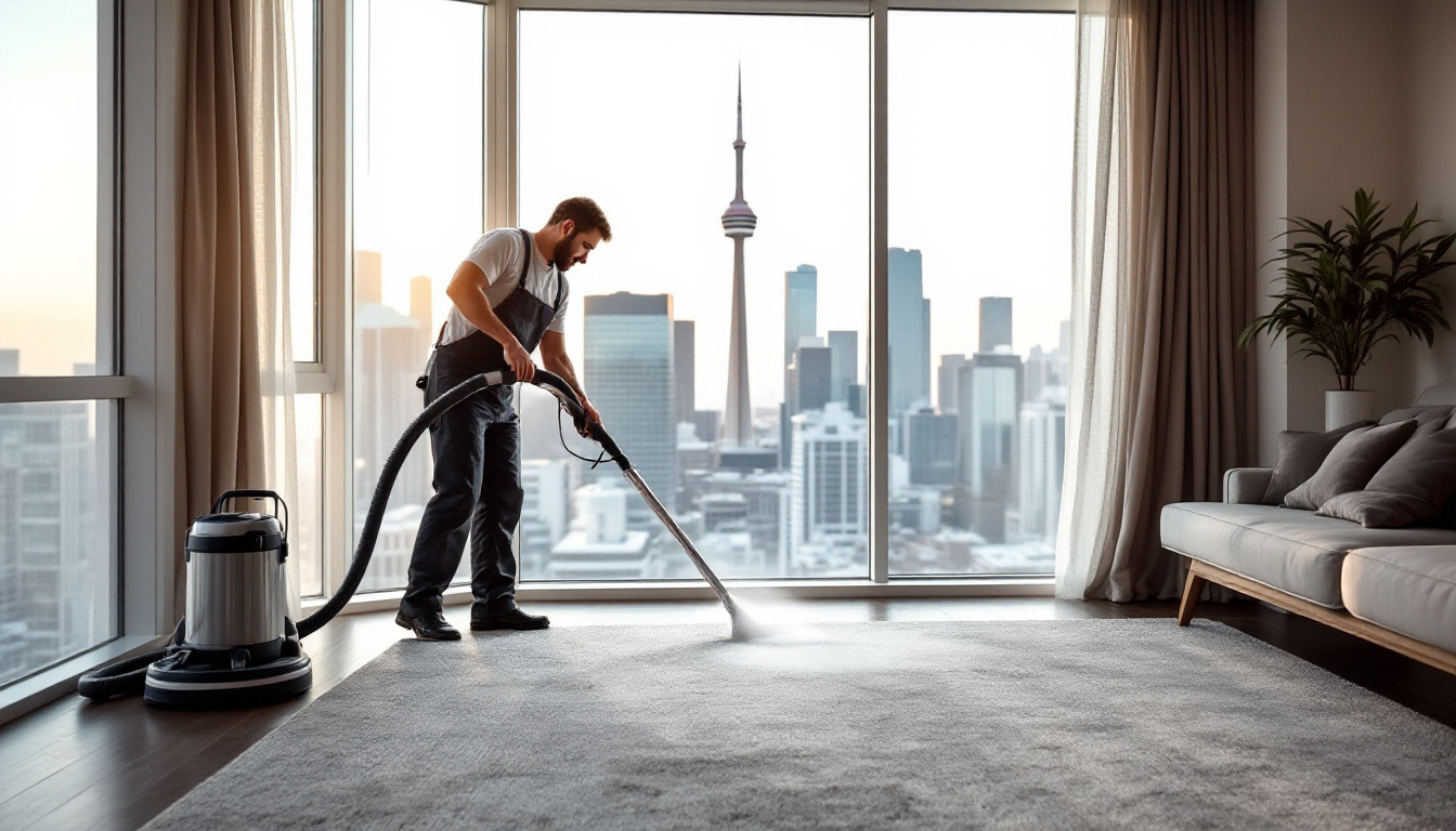Technician steam cleaning carpet in a downtown Toronto condo with a skyline view