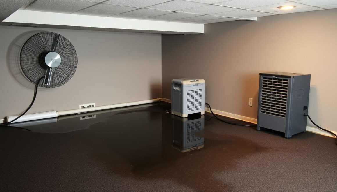 Flooded basement carpet Flooded basement carpet being dried with a fan and dehumidifier