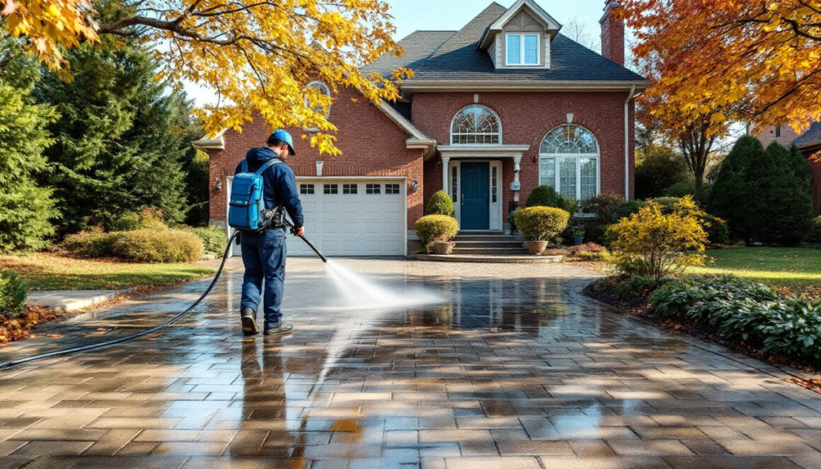 Driveway power washing in Newmarket Technician power washing an interlock driveway in front of a Newmarket home
