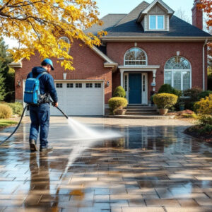 Technician power washing an interlock driveway in front of a Newmarket home