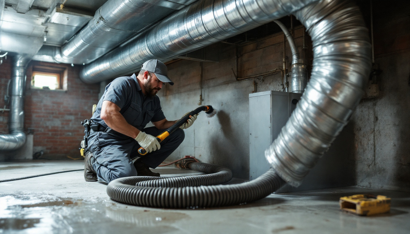 Technician cleaning basement air ducts in a Scarborough home