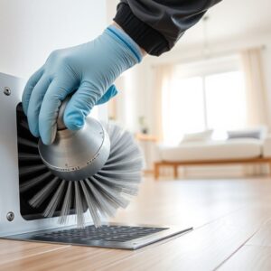 How often to clean air ducts Technician cleaning an air duct with a rotating brush in a GTA home