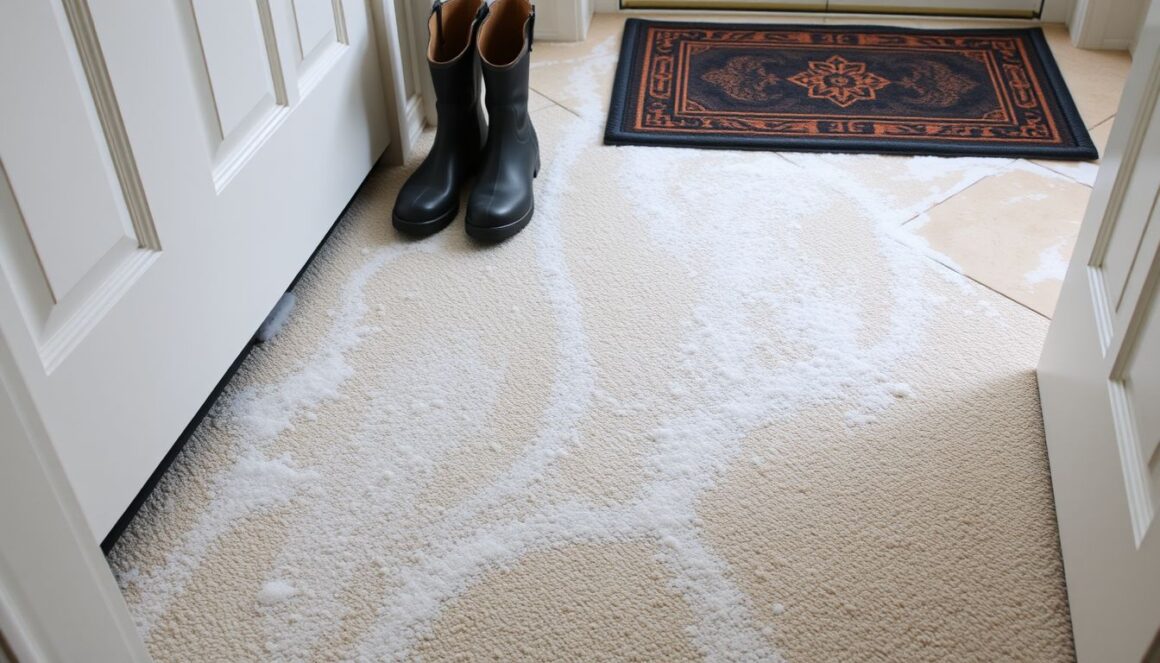 Winter salt stains on entryway carpet and tile beside wet boots