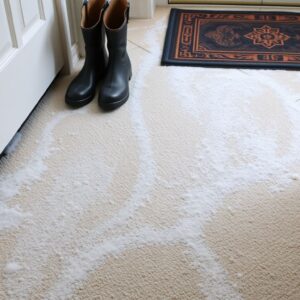 Winter salt stains on carpet and tile Winter salt stains on entryway carpet and tile beside wet boots