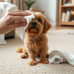 Pet urine out of carpet Blotting a pet urine spot on carpet next to a small dog