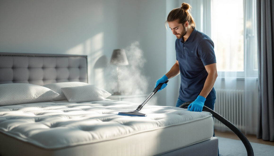 Mattress steam cleaning in Richmond Hill Technician steam cleaning a mattress in a Richmond Hill bedroom