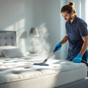 Mattress steam cleaning in Richmond Hill Technician steam cleaning a mattress in a Richmond Hill bedroom