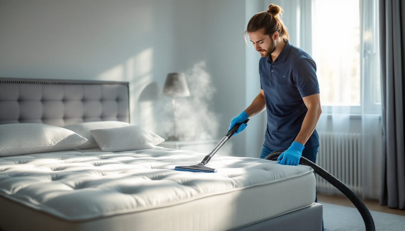 Technician steam cleaning a mattress in a Richmond Hill bedroom