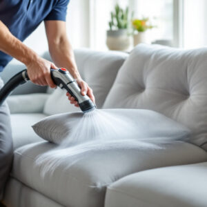Sofa upholstery cleaning in Aurora Technician steam cleaning a light grey fabric sectional sofa