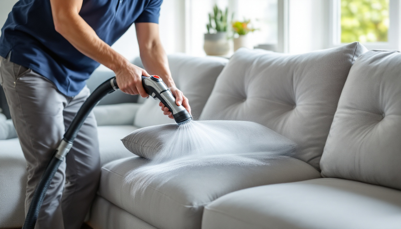 Technician steam cleaning a light grey fabric sectional sofa