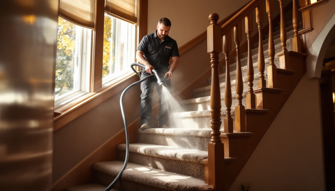 Technician steam cleaning a carpeted staircase in an Aurora home