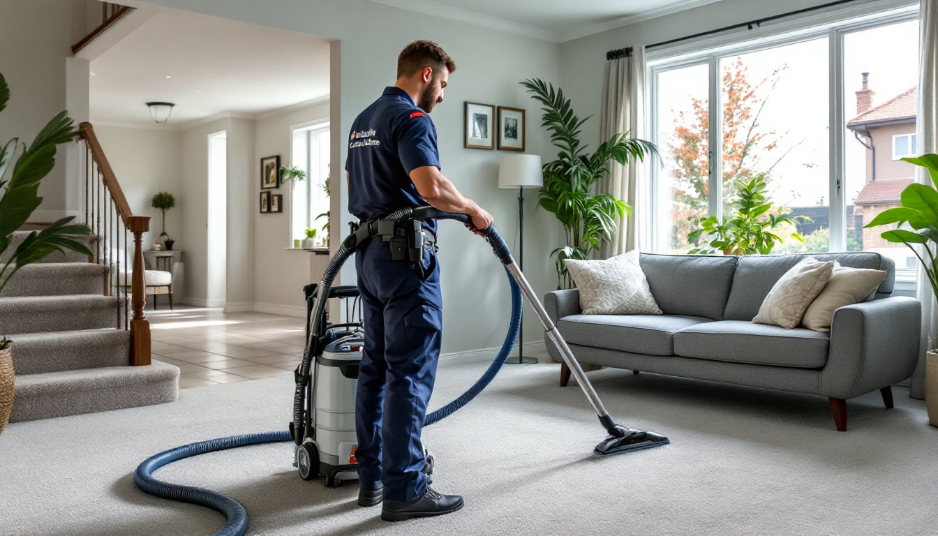 Cleaning technician with carpet and upholstery steam cleaning equipment in a living room