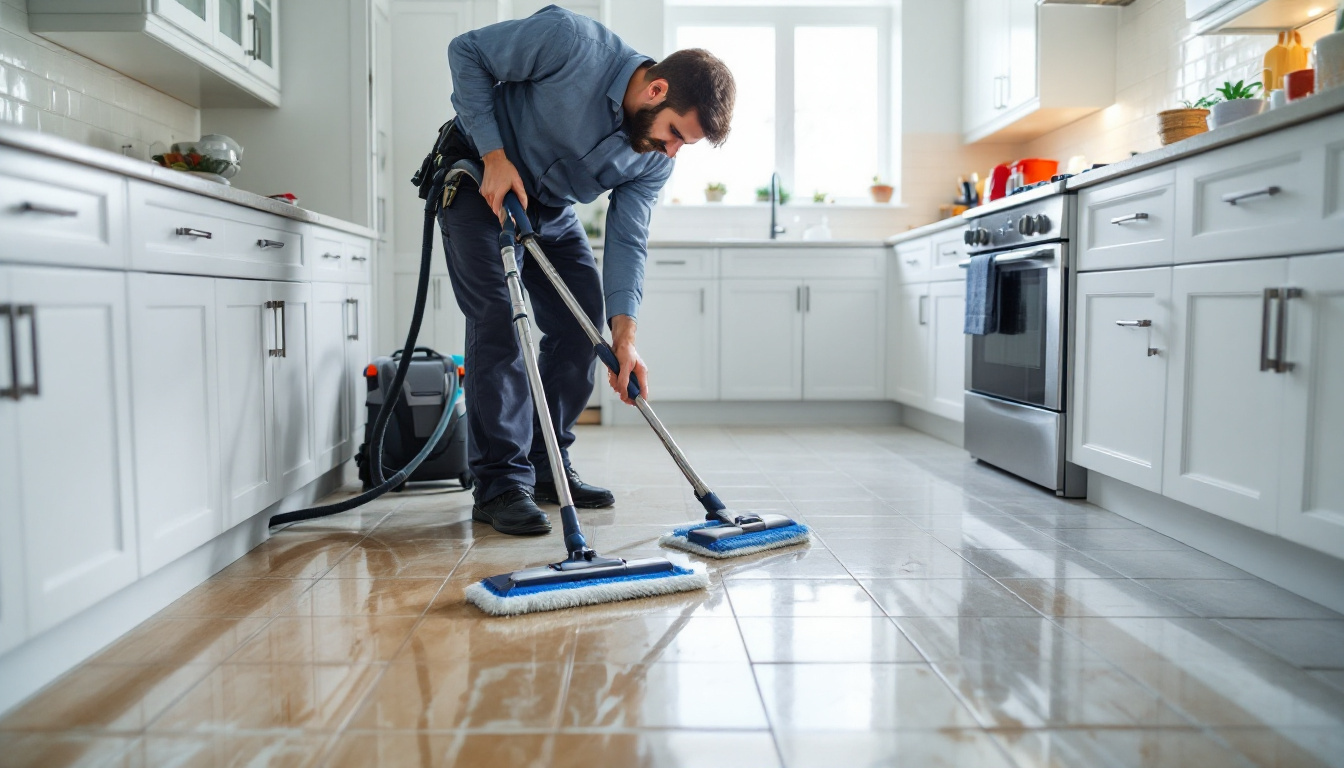 Technician cleaning kitchen tile and grout in a Richmond Hill home