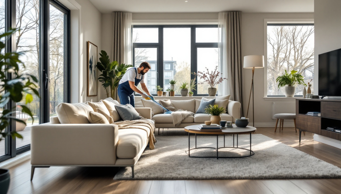 Technician cleaning a sofa and area rug in a Markham townhouse